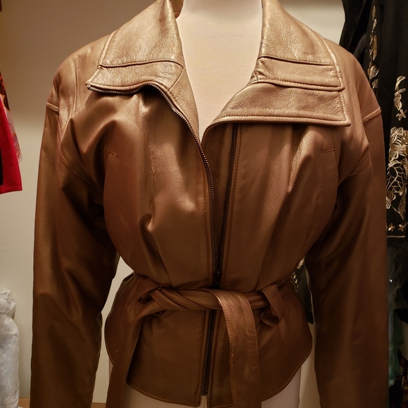 Gold Belted Leather Jacket XS - Picture 1 of 3